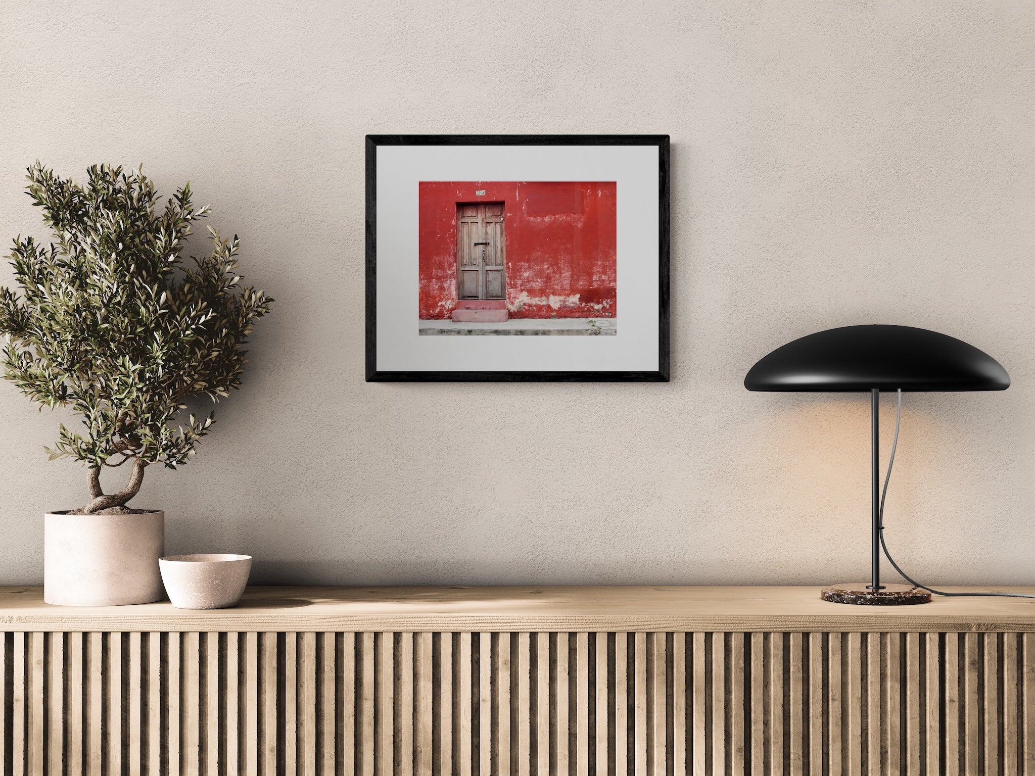 Antigua Guatemala Wall Art: Rustic Red Peeling Paint and Historic Wooden Door Photo