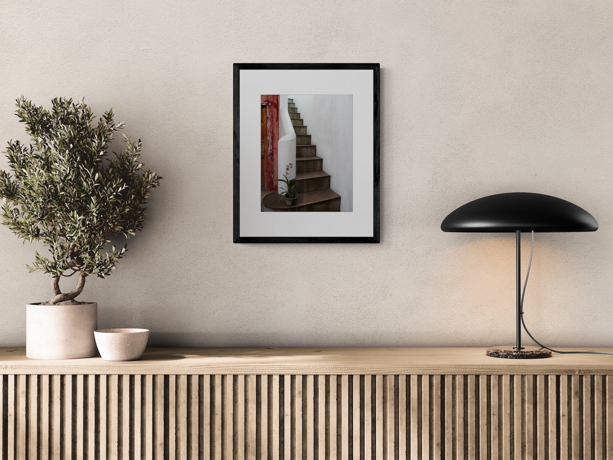 Antigua Guatemala Photography Print: Elegant White Staircase and Orchid, Matted Wall Art Decor