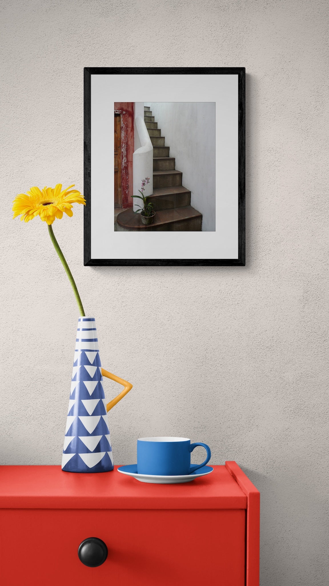 Antigua Guatemala Photography Print: Elegant White Staircase and Orchid, Matted Wall Art Decor