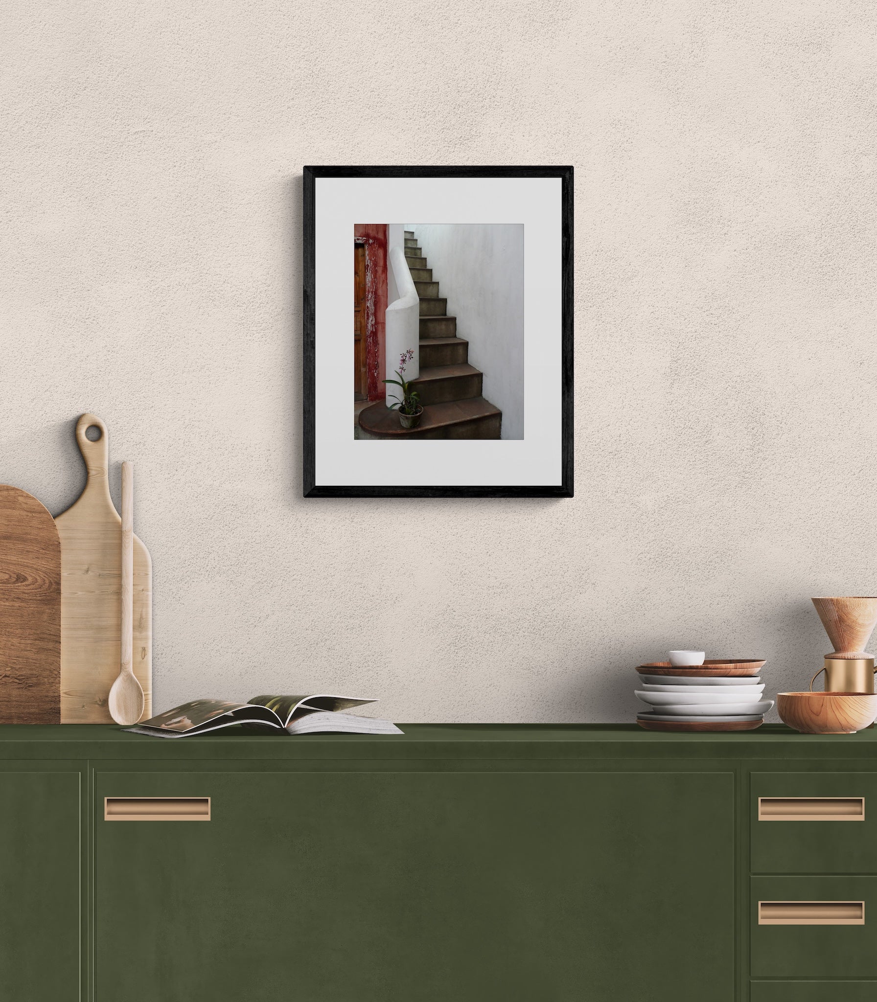 Antigua Guatemala Photography Print: Elegant White Staircase and Orchid, Matted Wall Art Decor
