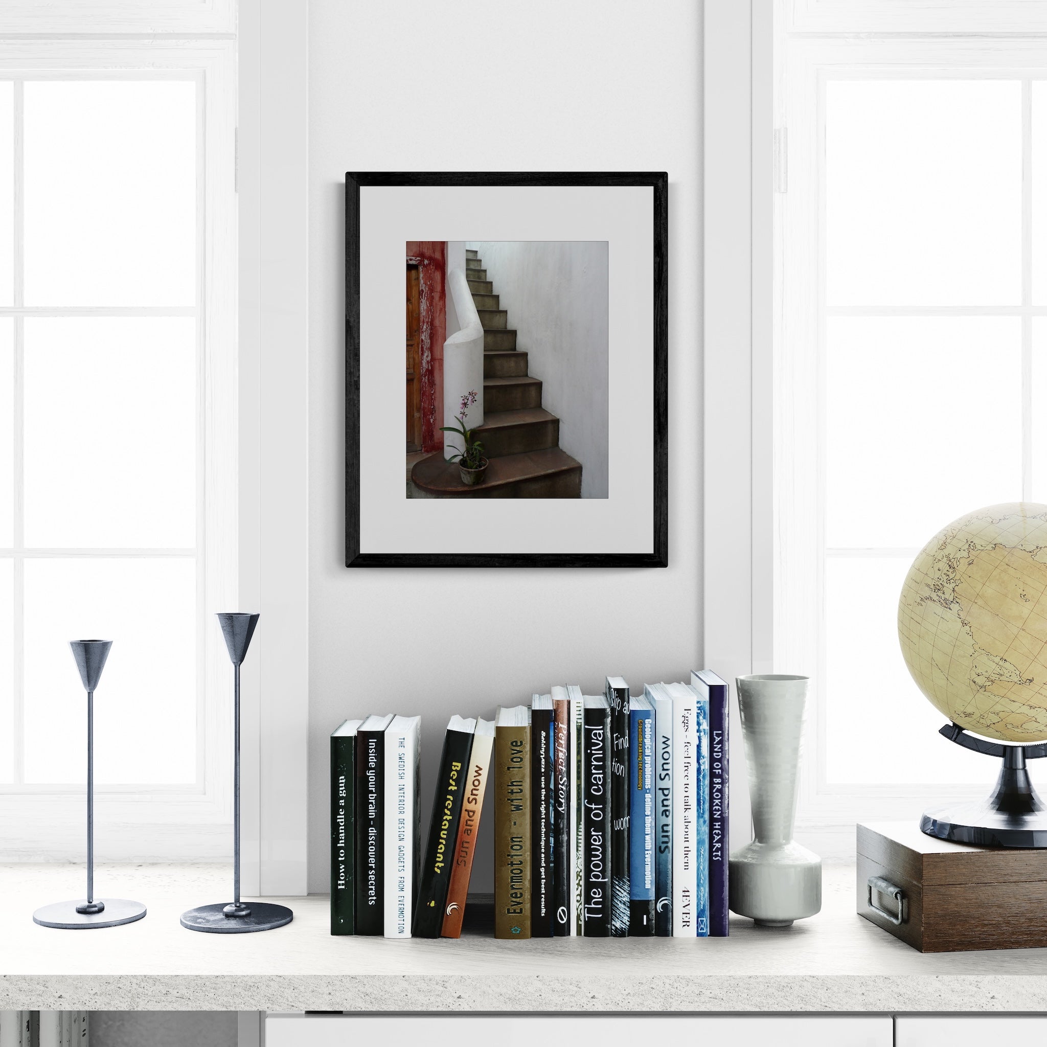 Antigua Guatemala Photography Print: Elegant White Staircase and Orchid, Matted Wall Art Decor