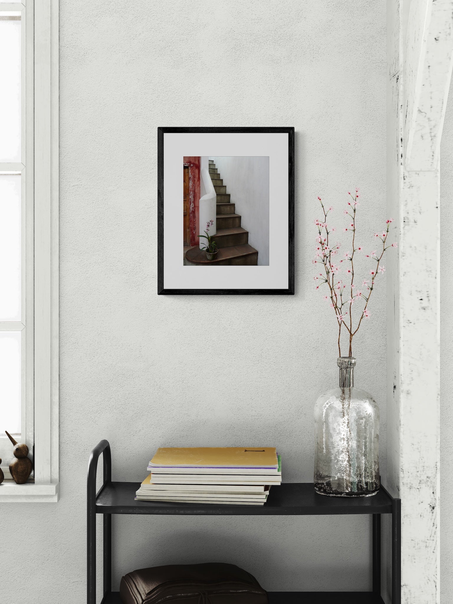 Antigua Guatemala Photography Print: Elegant White Staircase and Orchid, Matted Wall Art Decor