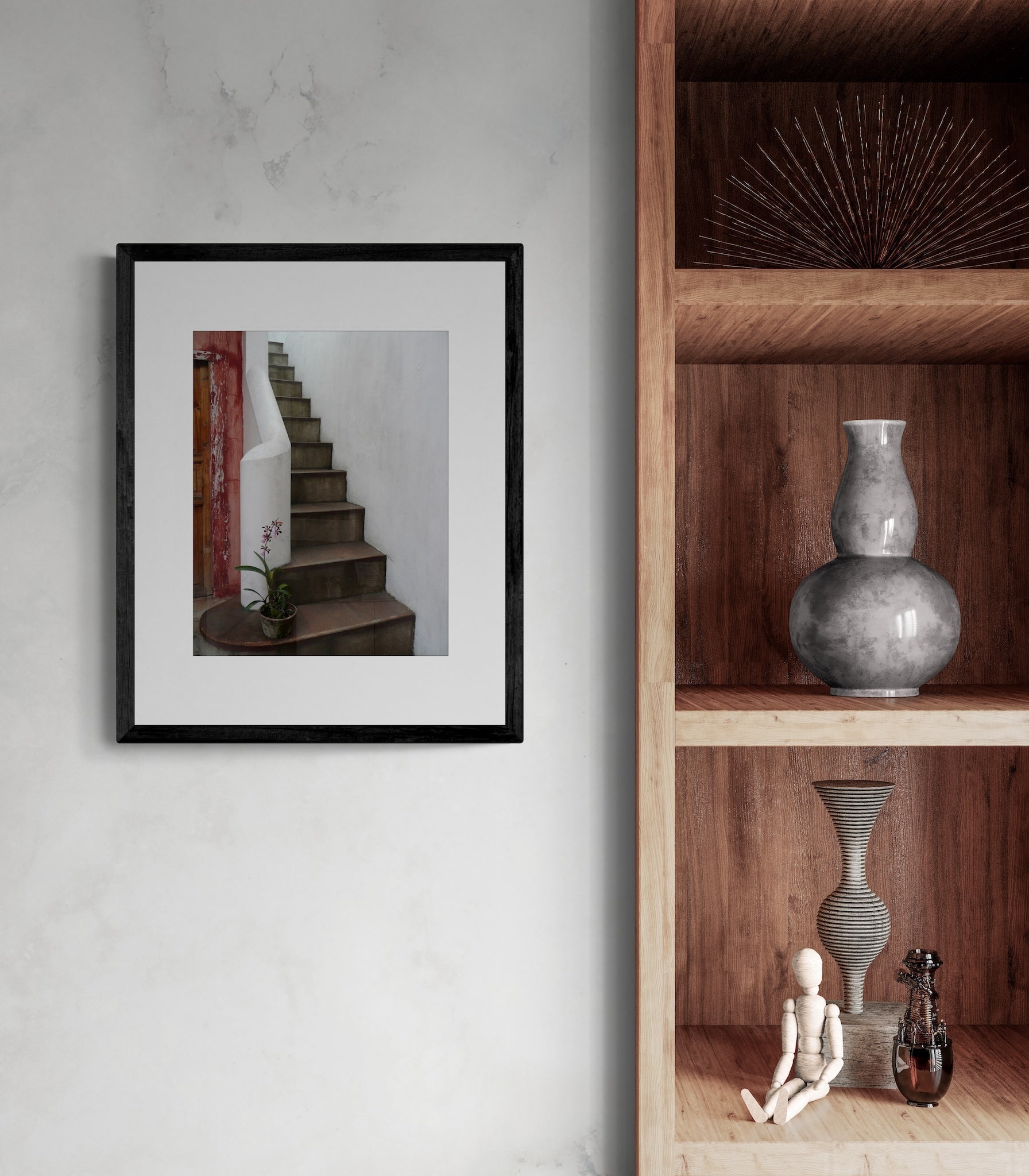 Antigua Guatemala Photography Print: Elegant White Staircase and Orchid, Matted Wall Art Decor