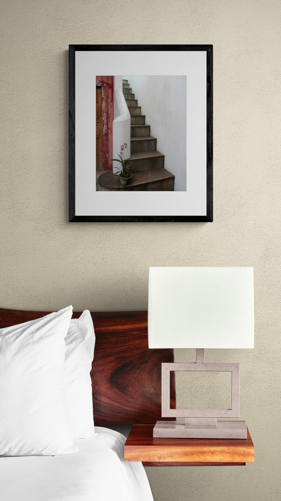 Antigua Guatemala Photography Print: Elegant White Staircase and Orchid, Matted Wall Art Decor