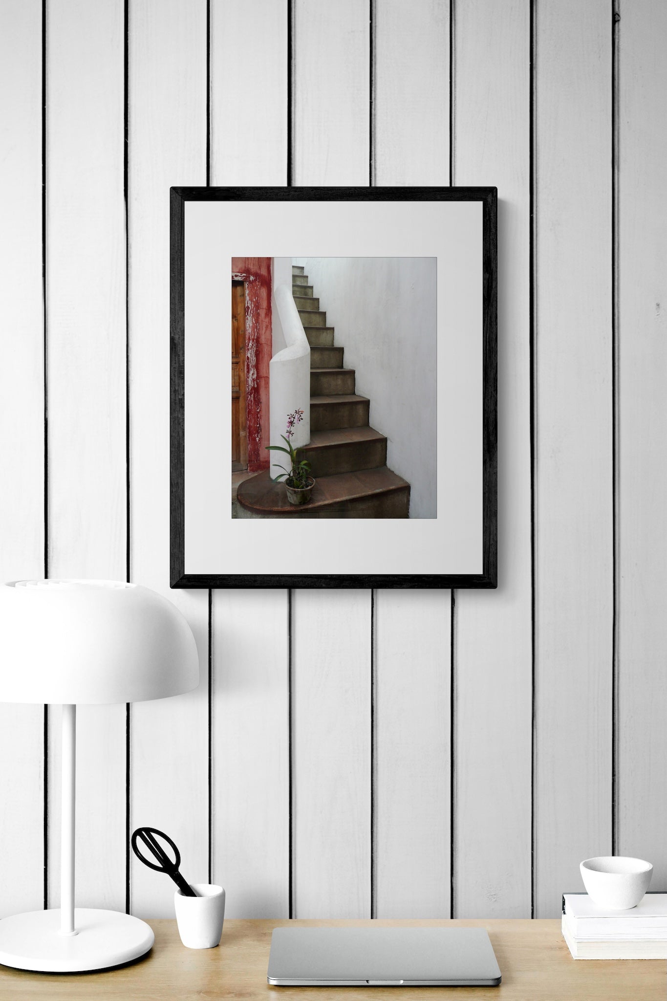 Antigua Guatemala Photography Print: Elegant White Staircase and Orchid, Matted Wall Art Decor