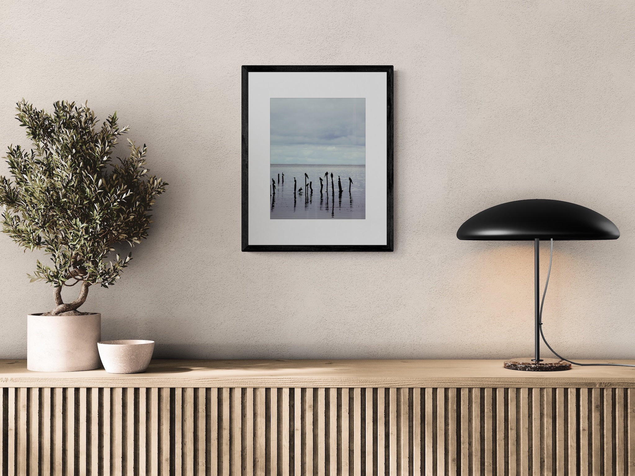 Belize Coastal Wall Art: Minimalist Birds on Pilings Ocean Photography Print
