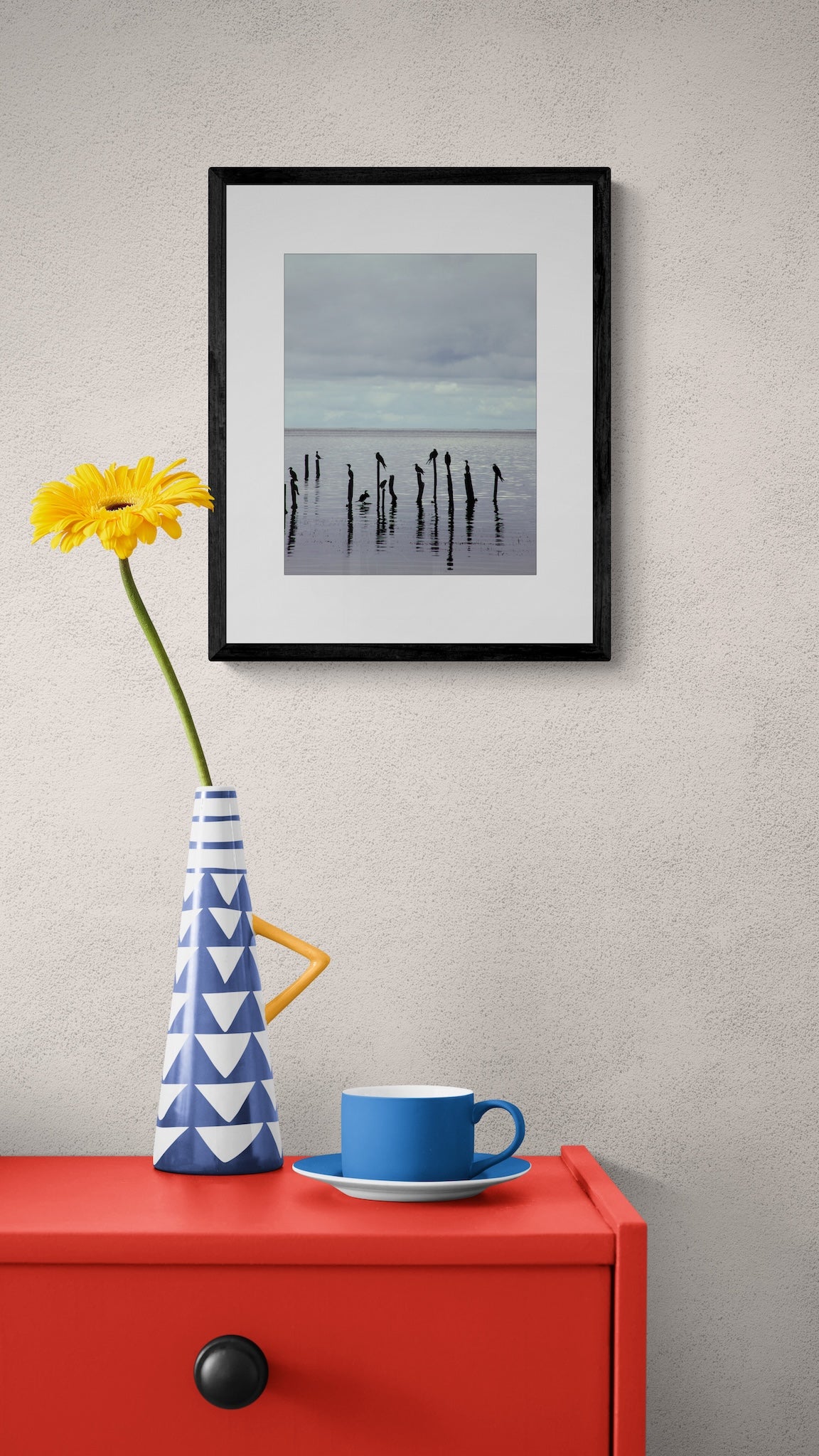 Belize Coastal Wall Art: Minimalist Birds on Pilings Ocean Photography Print