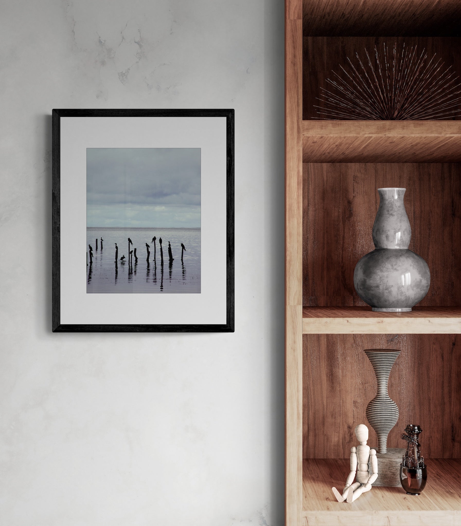 Belize Coastal Wall Art: Minimalist Birds on Pilings Ocean Photography Print