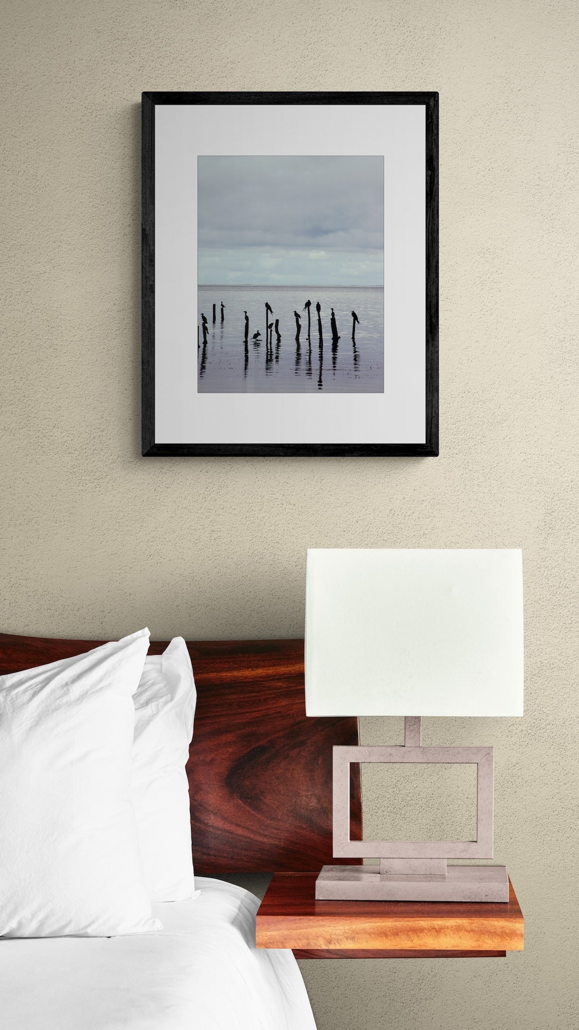 Belize Coastal Wall Art: Minimalist Birds on Pilings Ocean Photography Print