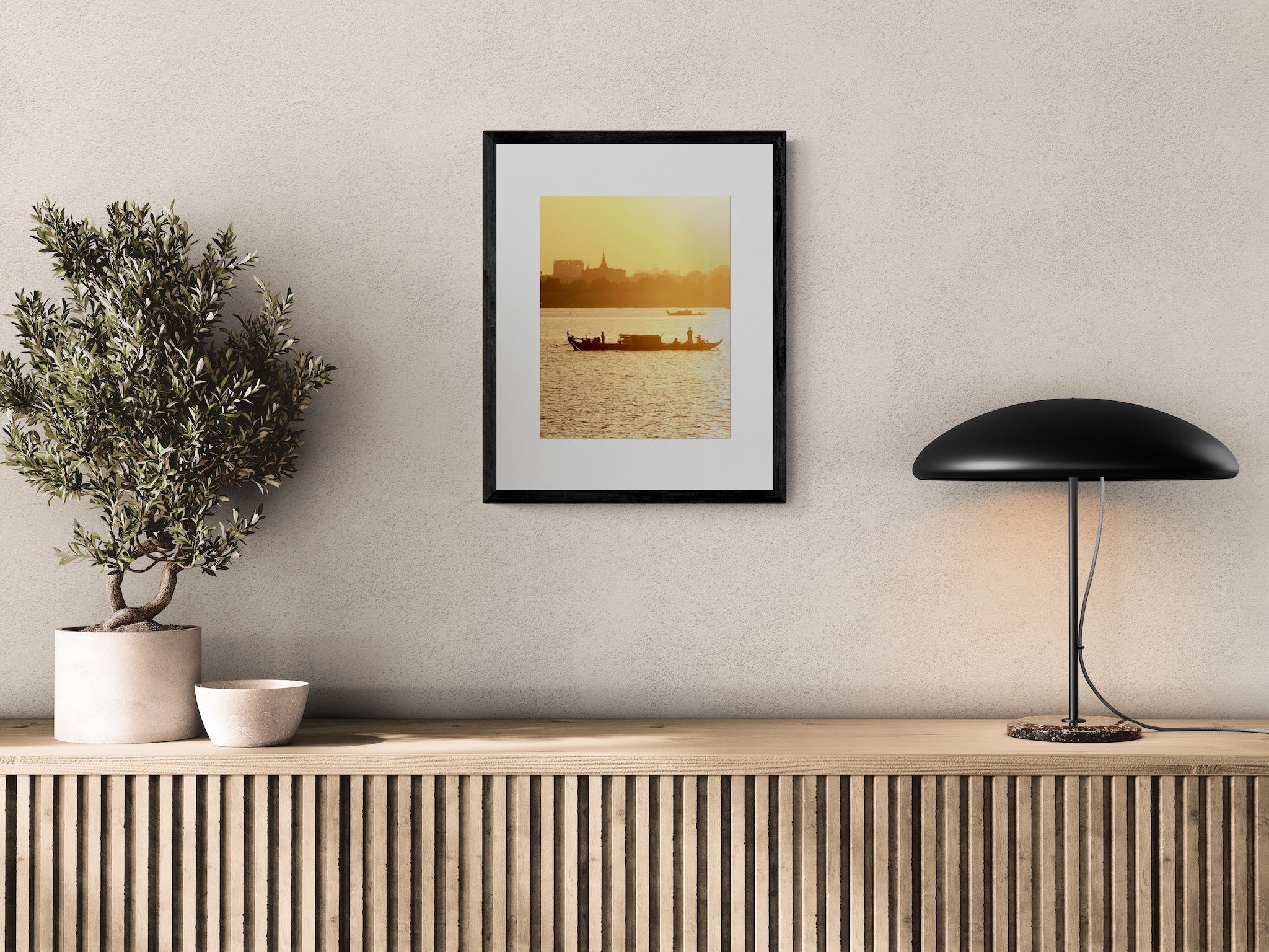 Mekong River Fishing Boat Sunset Photography Print: Cambodia Travel Wall Art, Matted Fine Art Decor