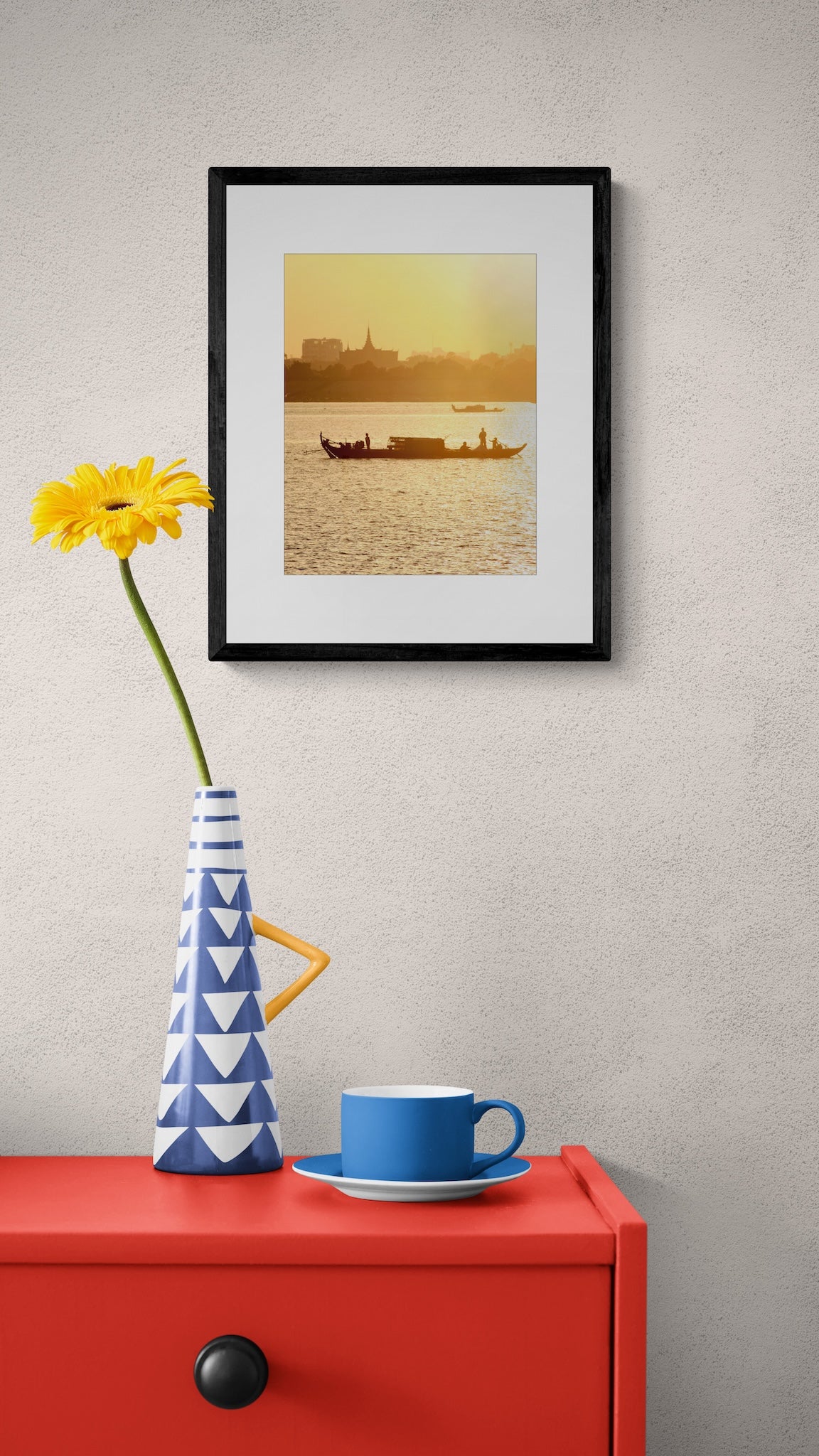Mekong River Fishing Boat Sunset Photography Print: Cambodia Travel Wall Art, Matted Fine Art Decor