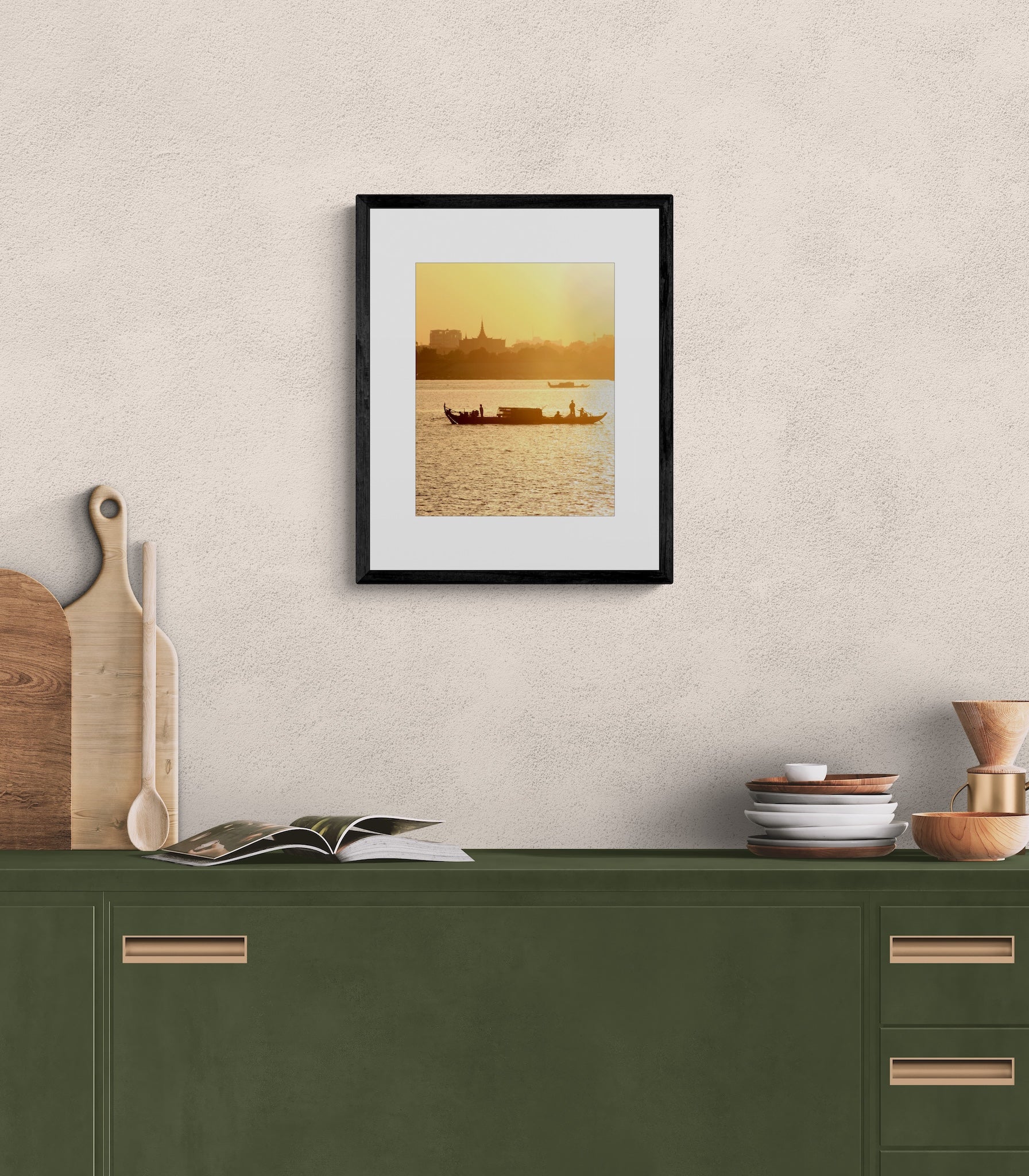 Mekong River Fishing Boat Sunset Photography Print: Cambodia Travel Wall Art, Matted Fine Art Decor