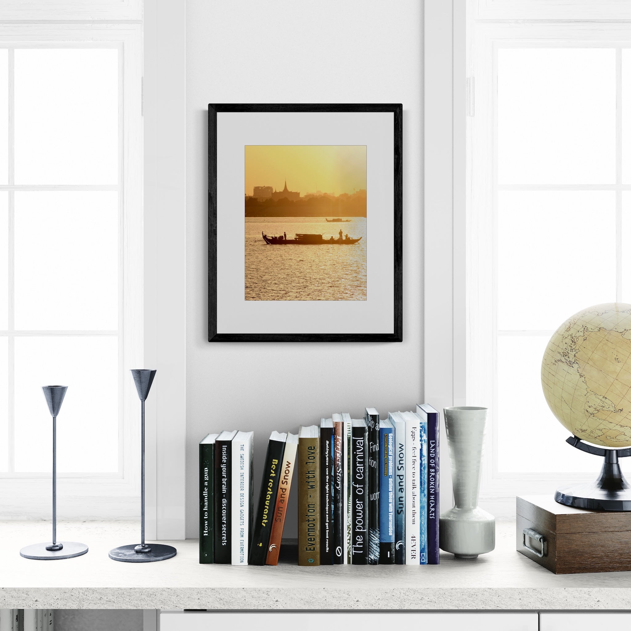 Mekong River Fishing Boat Sunset Photography Print: Cambodia Travel Wall Art, Matted Fine Art Decor