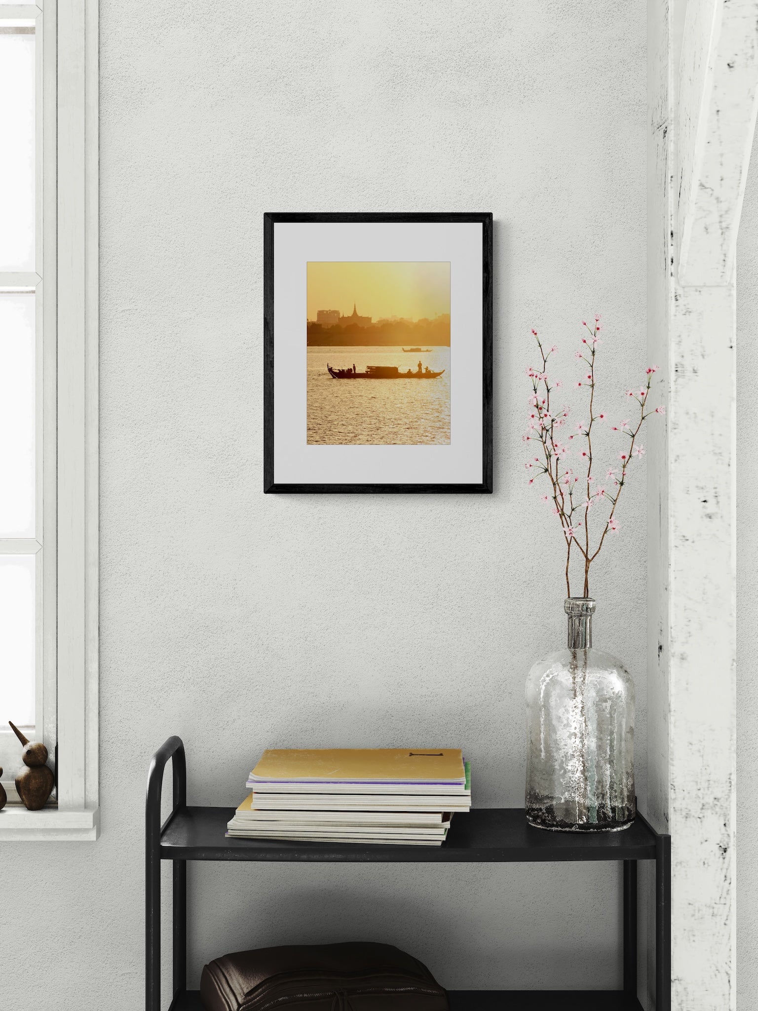 Mekong River Fishing Boat Sunset Photography Print: Cambodia Travel Wall Art, Matted Fine Art Decor