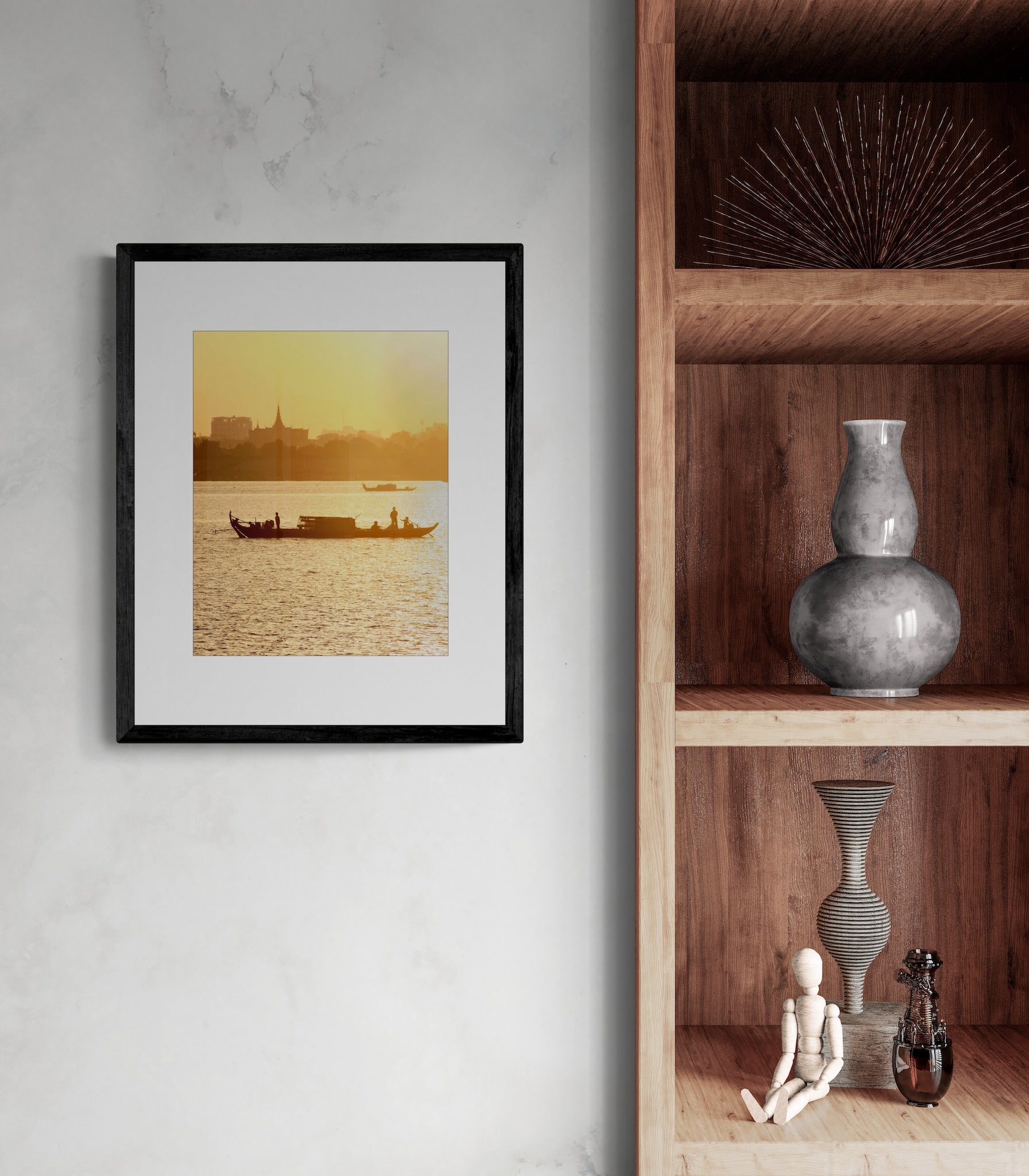 Mekong River Fishing Boat Sunset Photography Print: Cambodia Travel Wall Art, Matted Fine Art Decor