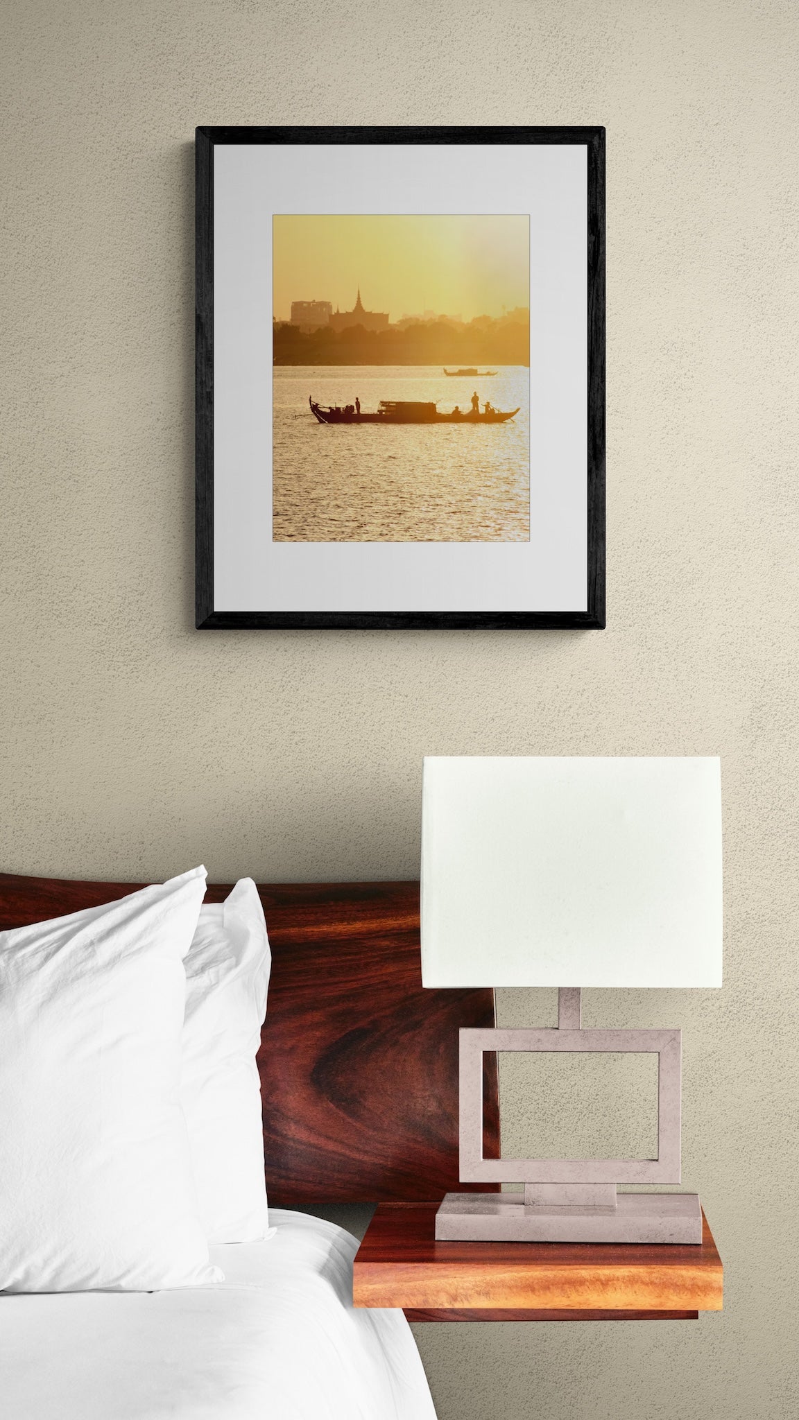 Mekong River Fishing Boat Sunset Photography Print: Cambodia Travel Wall Art, Matted Fine Art Decor
