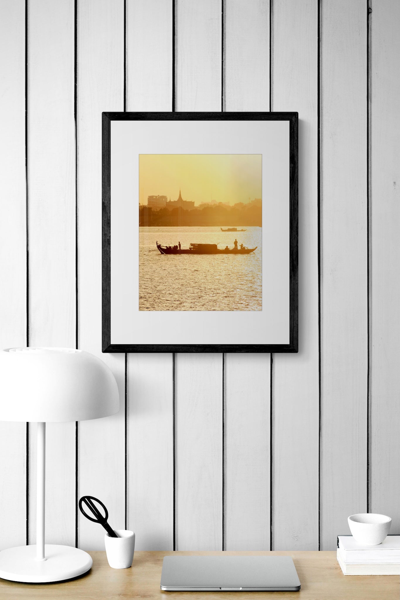 Mekong River Fishing Boat Sunset Photography Print: Cambodia Travel Wall Art, Matted Fine Art Decor