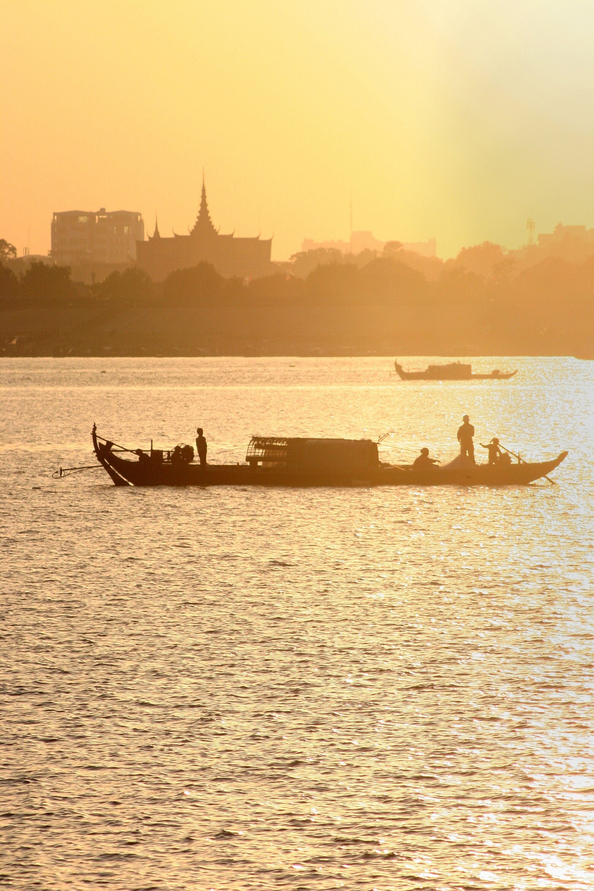 Mekong River Fishing Boat Sunset Photography Print: Cambodia Travel Wall Art, Matted Fine Art Decor