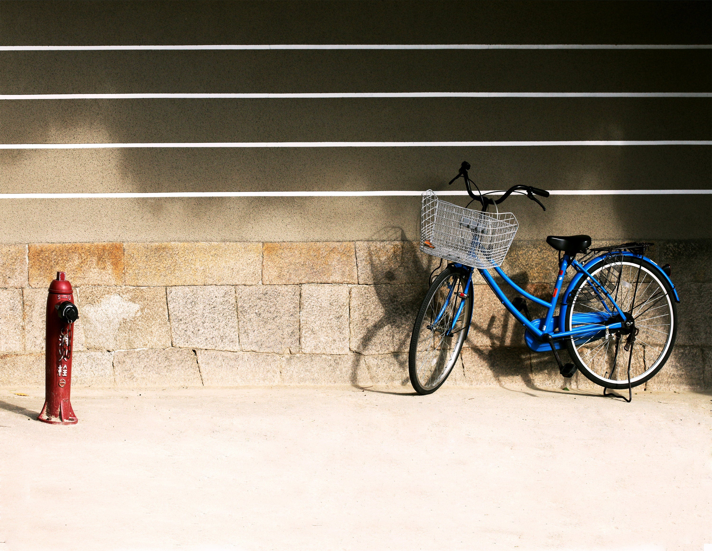Blue Bicycle Osaka Print: Retro Japan Travel Photography, Striped Wall Matted Art Print