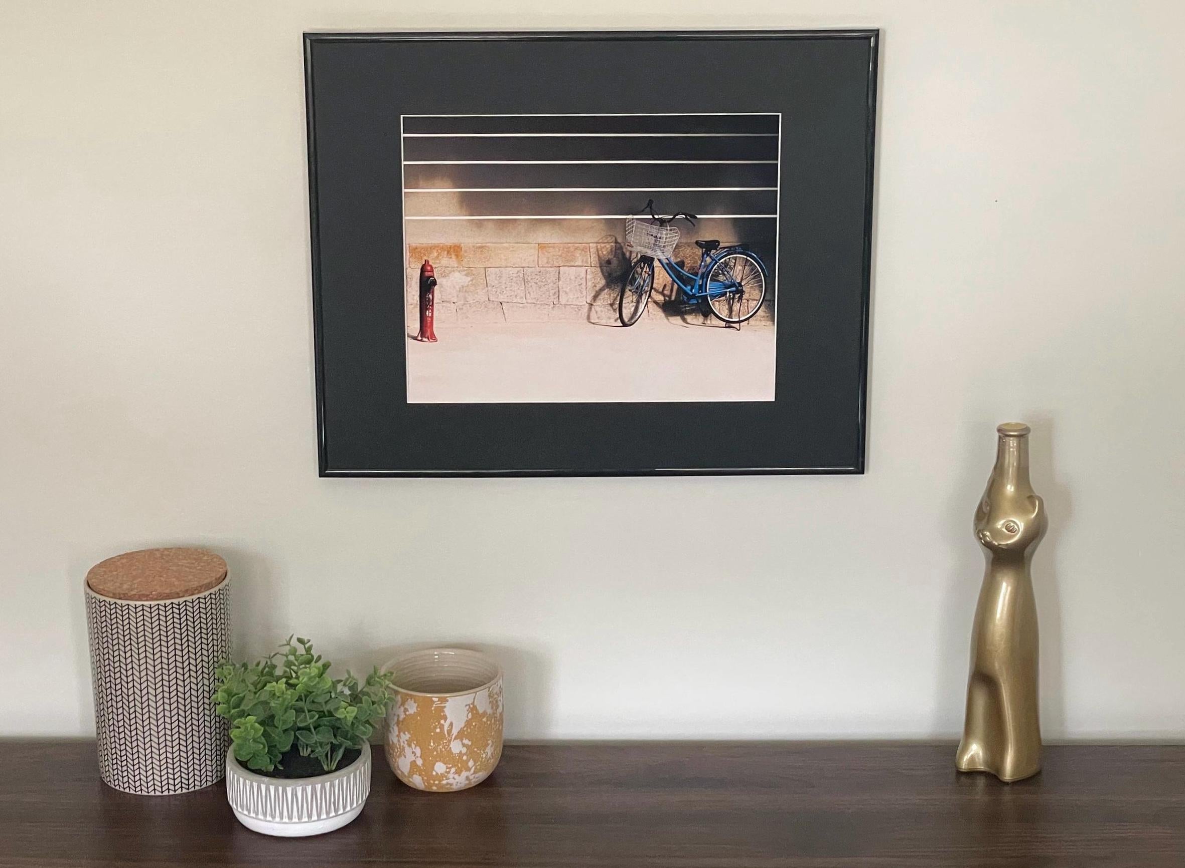 Blue Bicycle Osaka Print: Retro Japan Travel Photography, Striped Wall Matted Art Print
