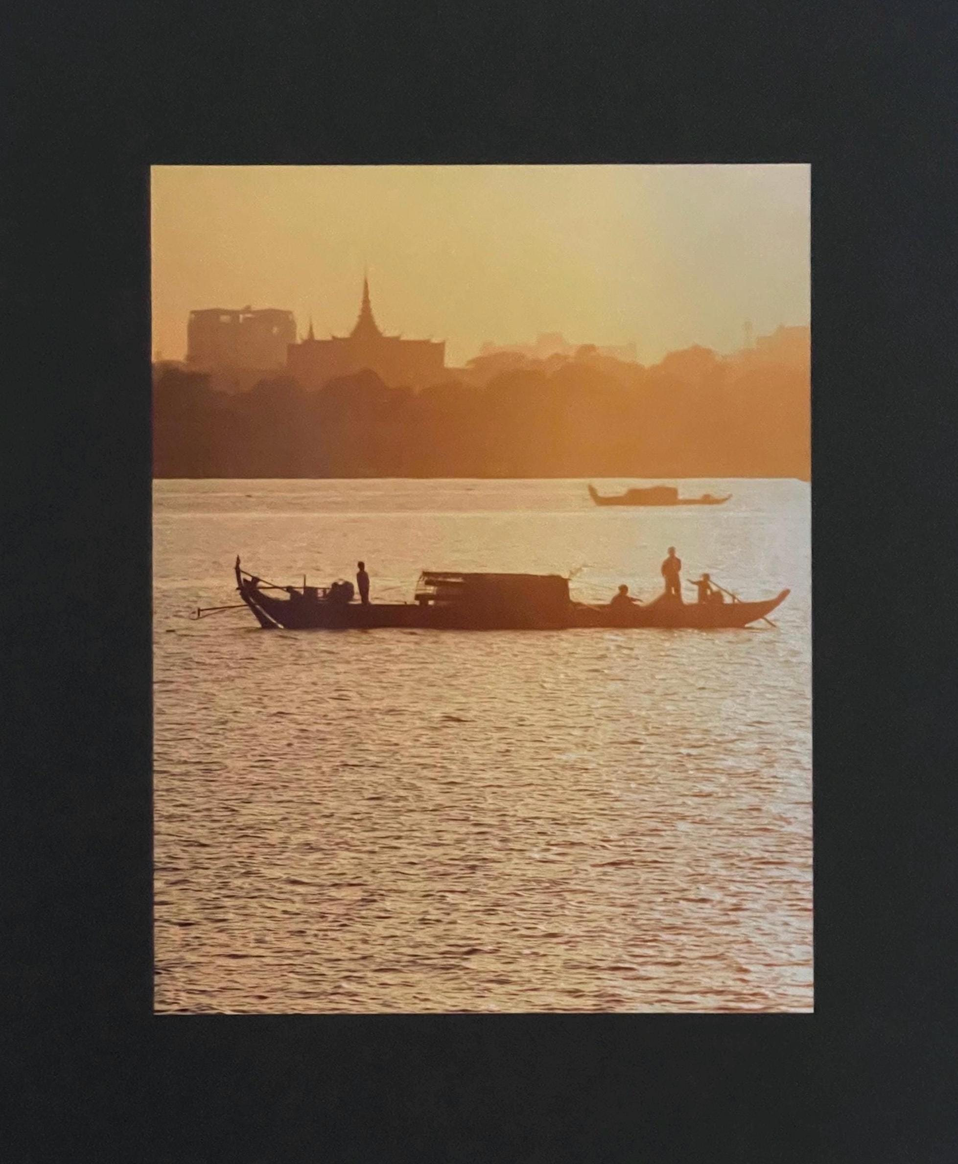 Mekong River Fishing Boat Sunset Photography Print: Cambodia Travel Wall Art, Matted Fine Art Decor
