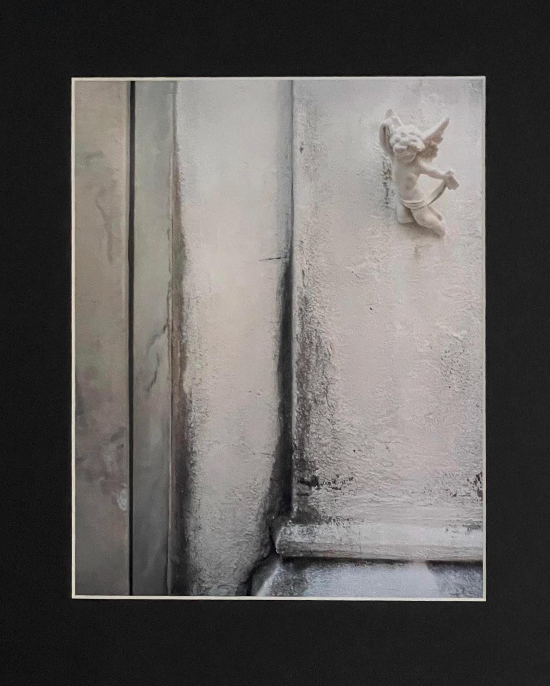 New Orleans Cemetery Photography: Cherub Statue Detail, Historic Cemetery Wall Matted Art Print