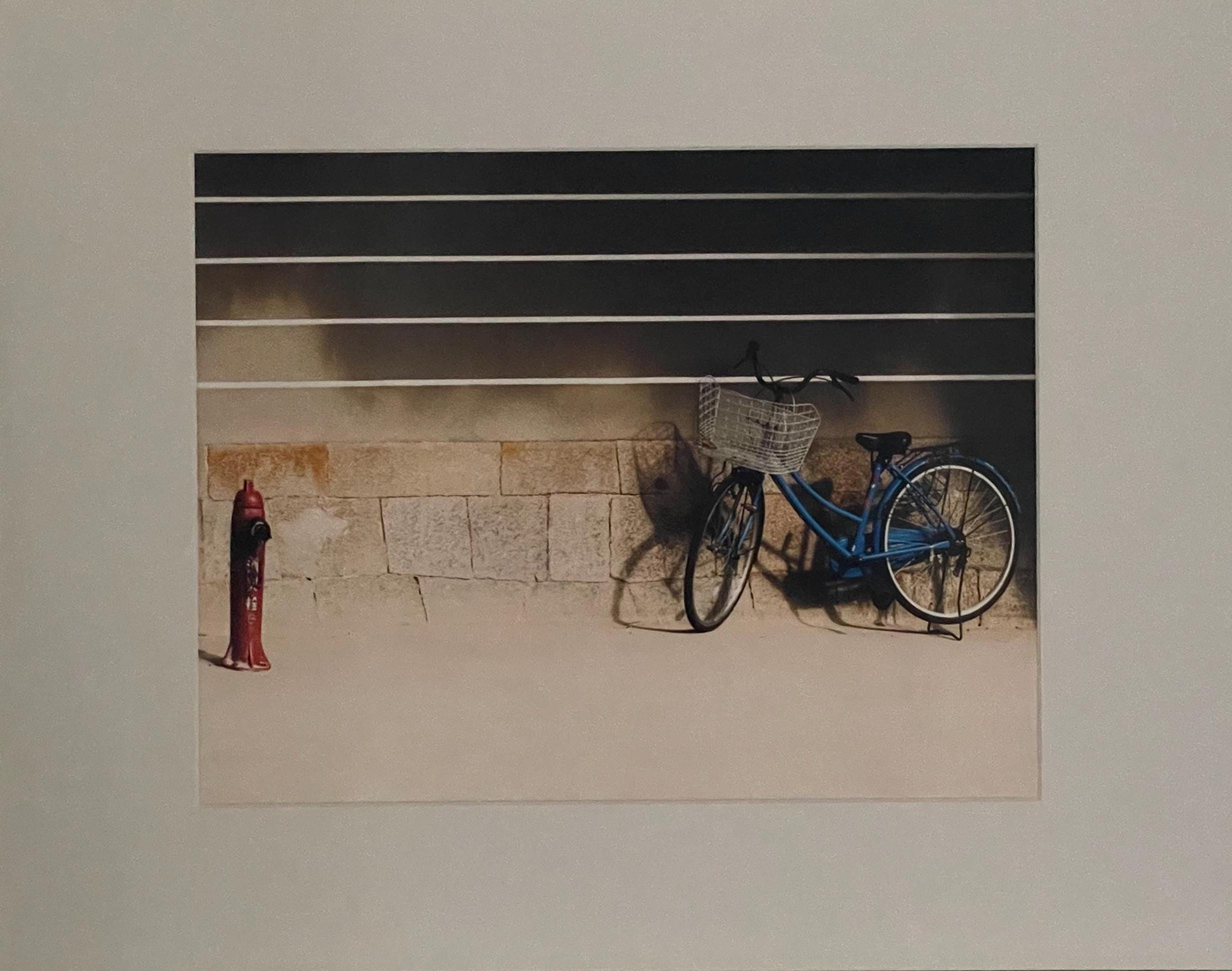 Blue Bicycle Osaka Print: Retro Japan Travel Photography, Striped Wall Matted Art Print