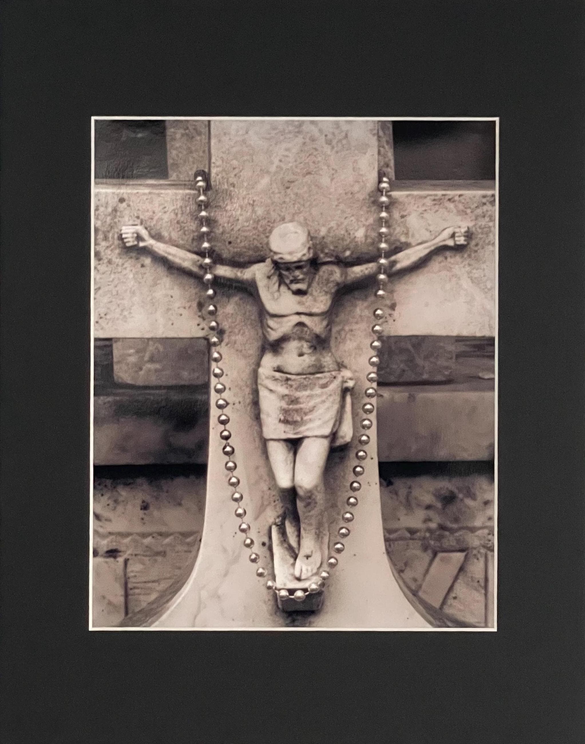 Mardi Gras Jesus New Orleans Photo: Cemetery Crucifix with Beads, Matted Photography Art Print