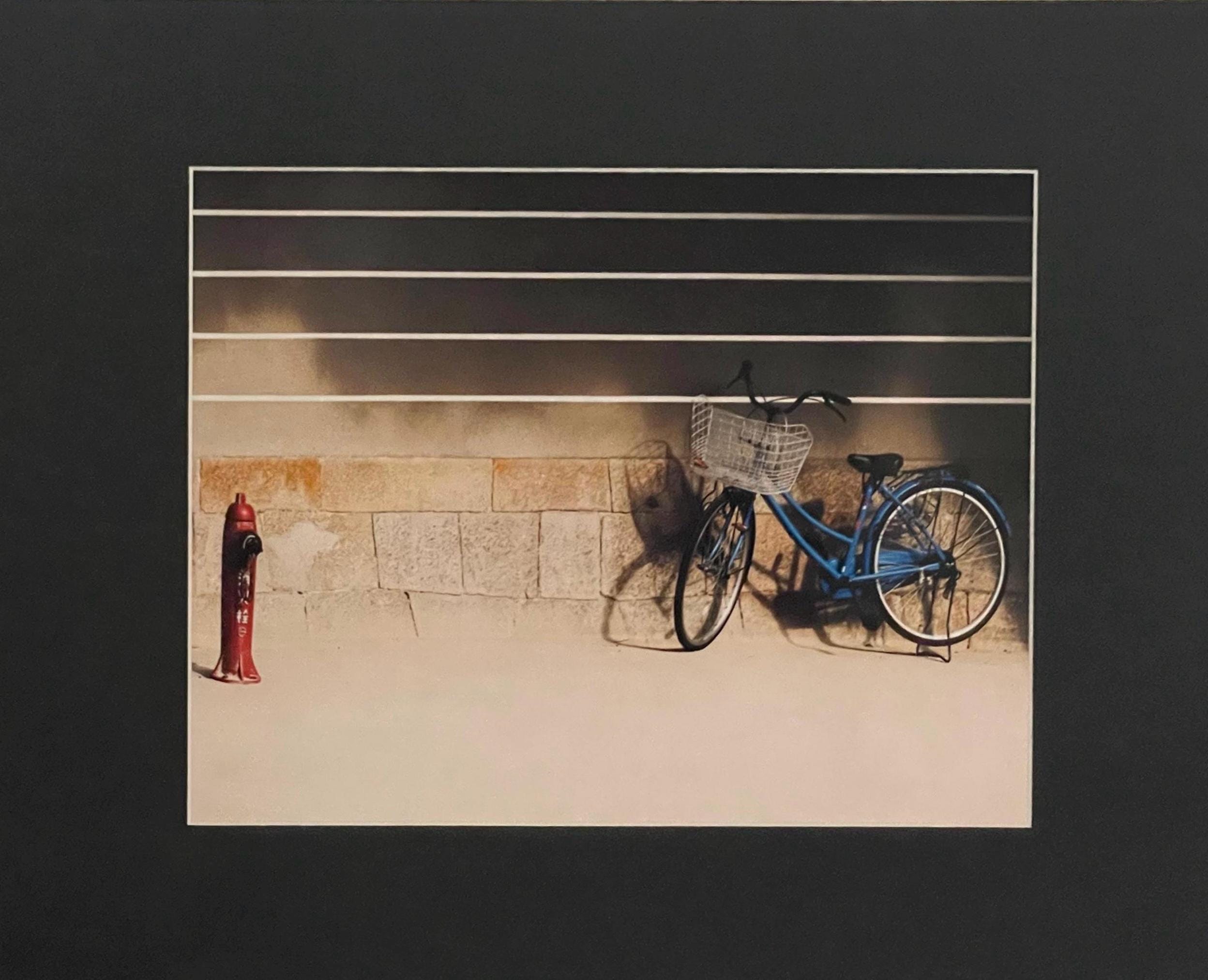 Blue Bicycle Osaka Print: Retro Japan Travel Photography, Striped Wall Matted Art Print