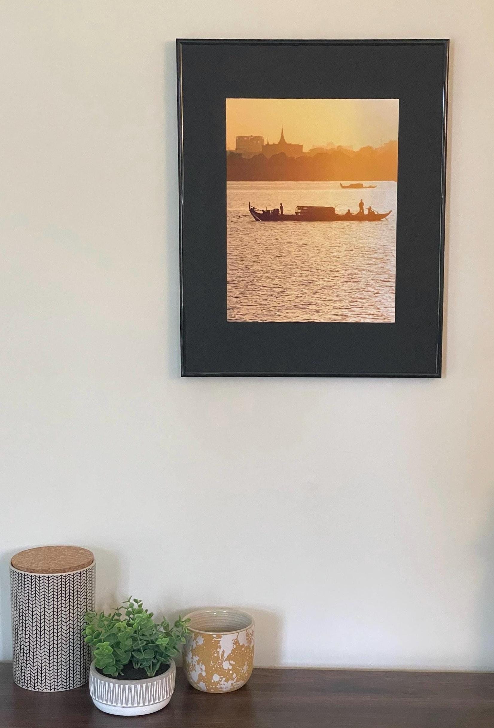 Mekong River Fishing Boat Sunset Photography Print: Cambodia Travel Wall Art, Matted Fine Art Decor