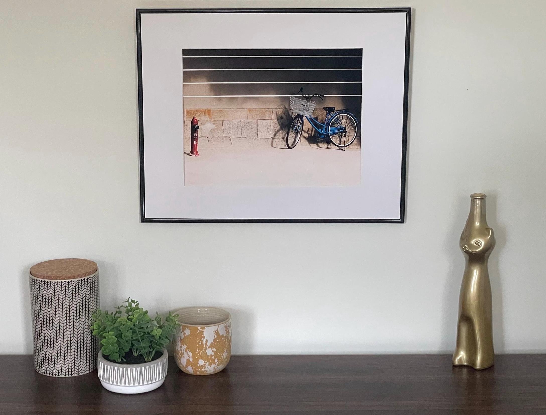 Blue Bicycle Osaka Print: Retro Japan Travel Photography, Striped Wall Matted Art Print