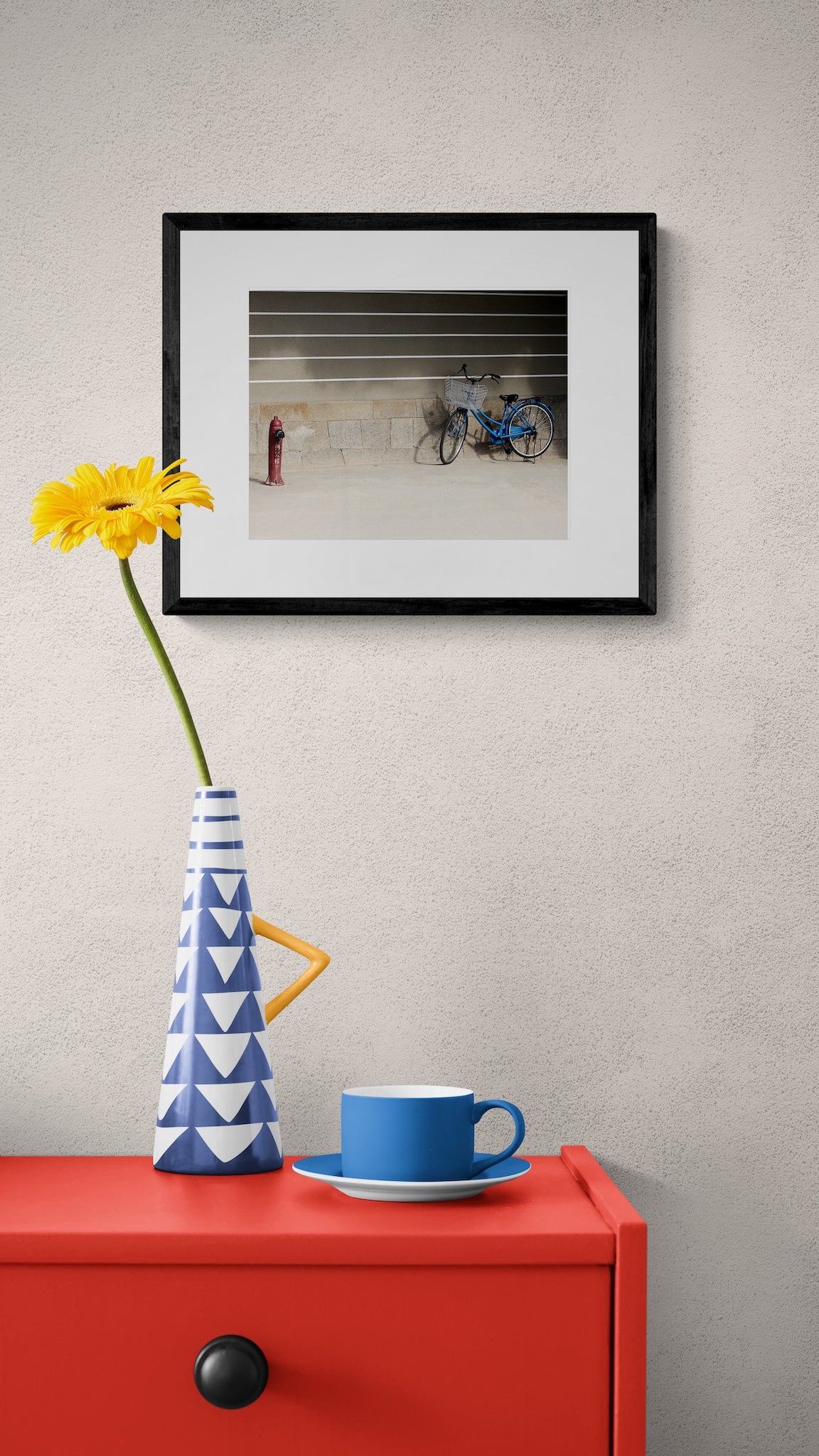 Blue Bicycle Osaka Print: Retro Japan Travel Photography, Striped Wall Matted Art Print
