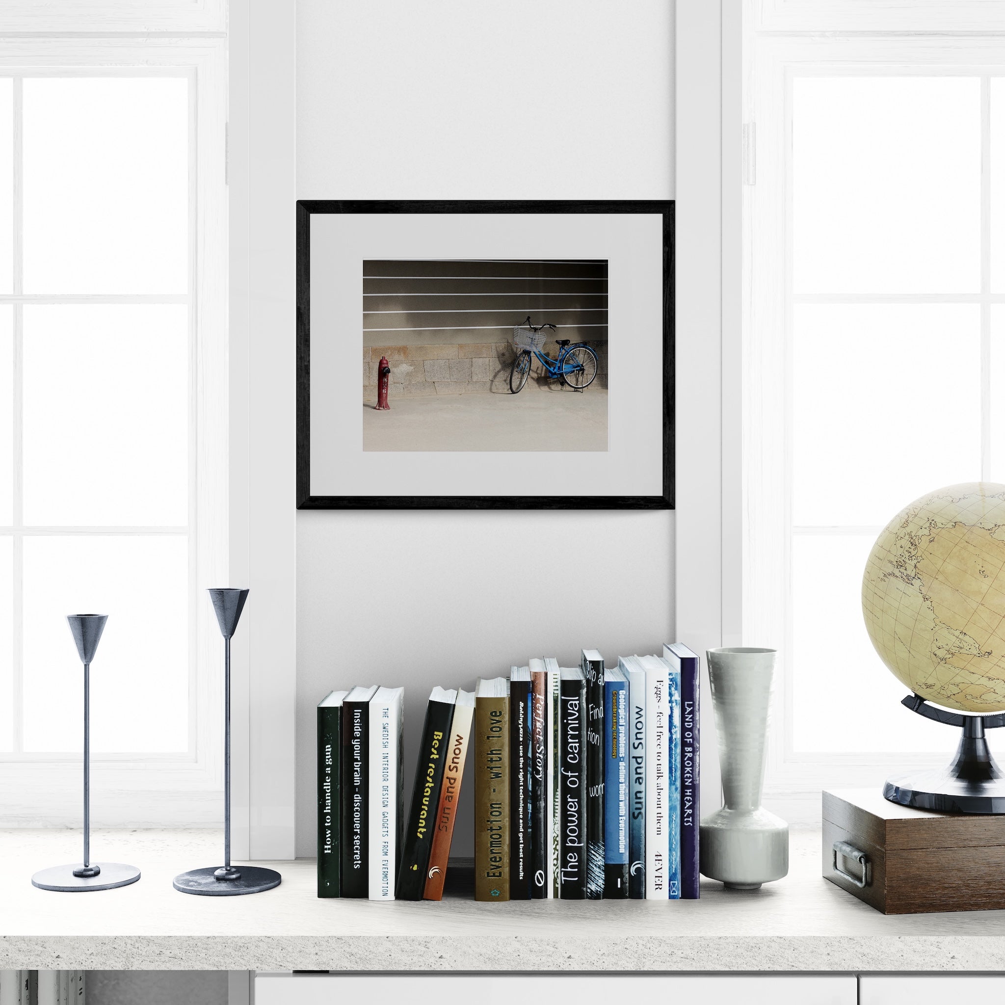 Blue Bicycle Osaka Print: Retro Japan Travel Photography, Striped Wall Matted Art Print