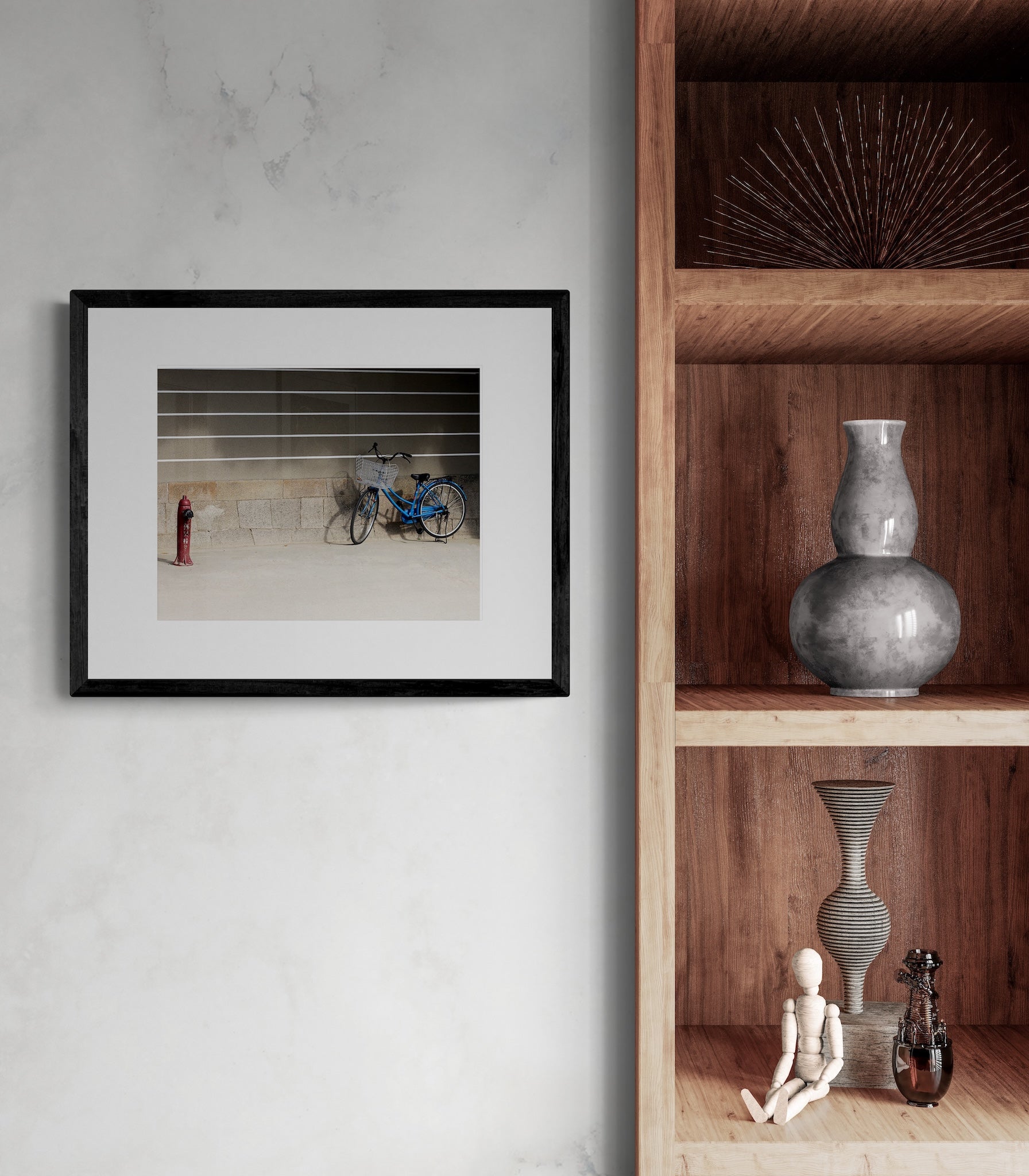 Blue Bicycle Osaka Print: Retro Japan Travel Photography, Striped Wall Matted Art Print