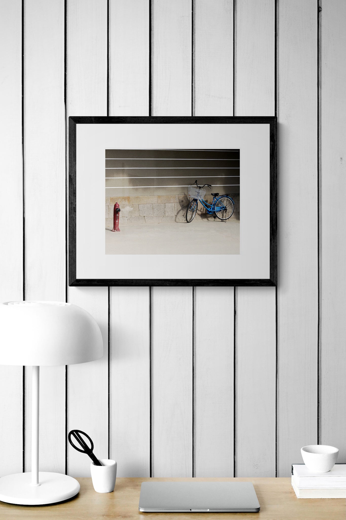 Blue Bicycle Osaka Print: Retro Japan Travel Photography, Striped Wall Matted Art Print