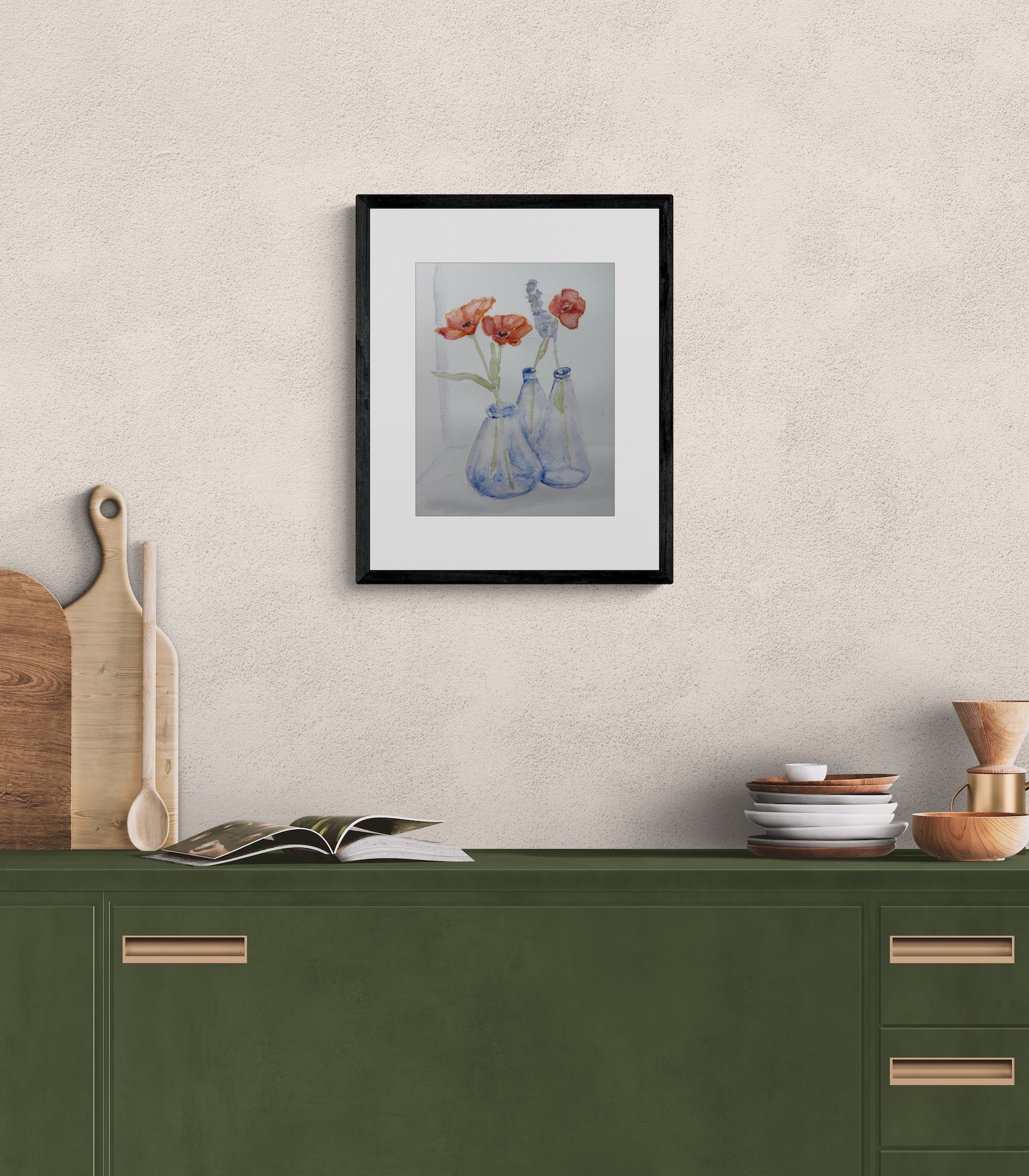 Poppies in Blue Glass Watercolor Study Art Print