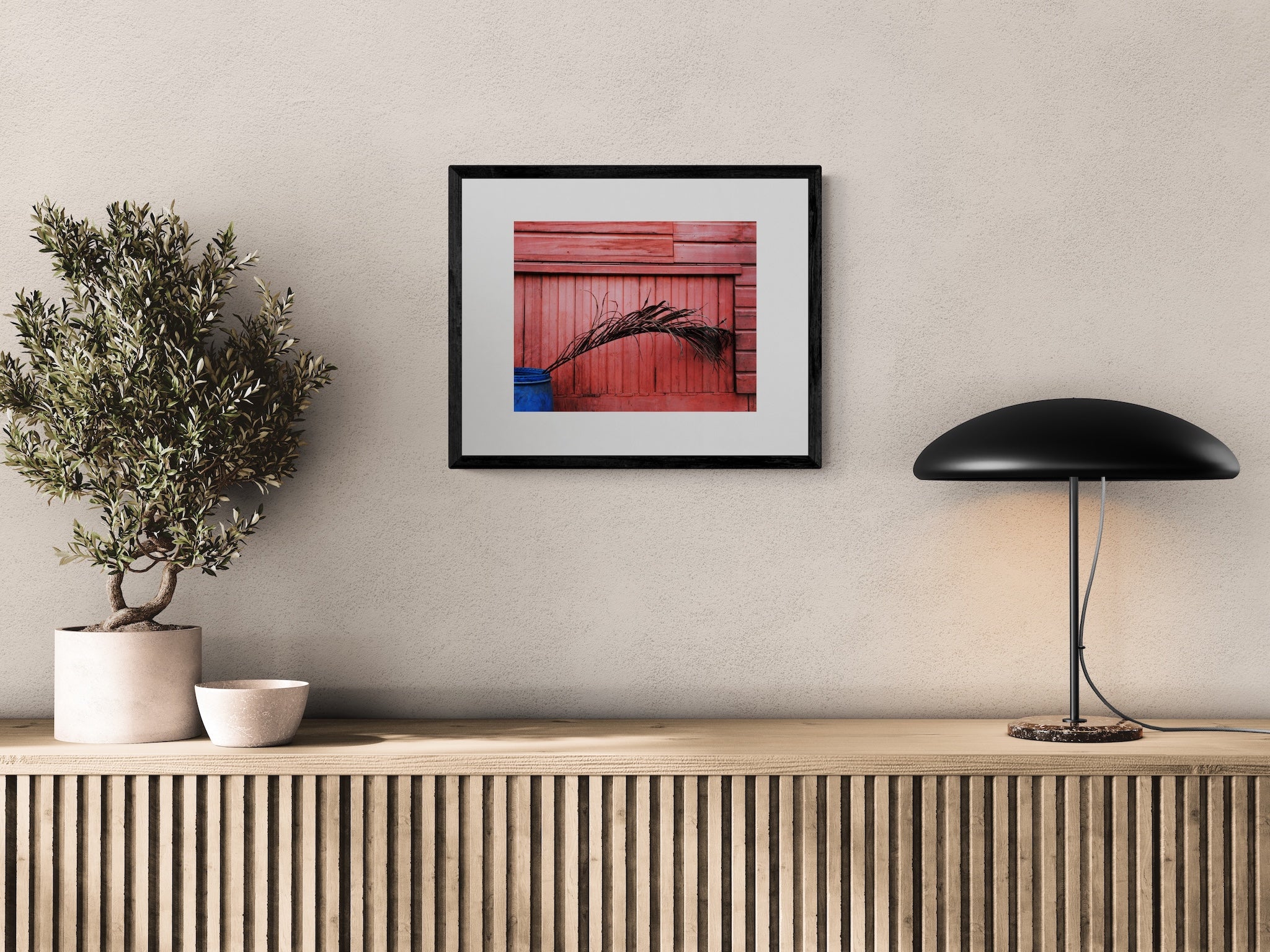 Roatan Photography Print: Minimalist Blue Planter and Palm Leaf Wall Decor Art
