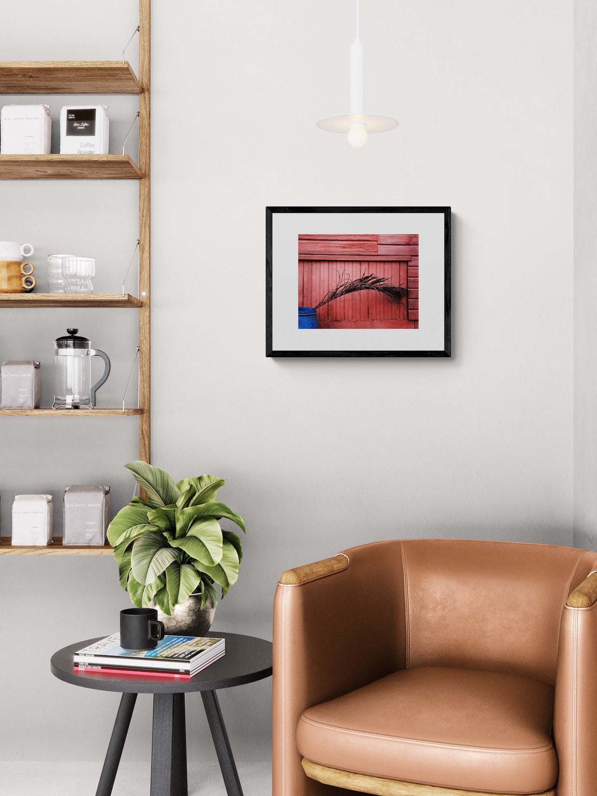 Roatan Photography Print: Minimalist Blue Planter and Palm Leaf Wall Decor Art
