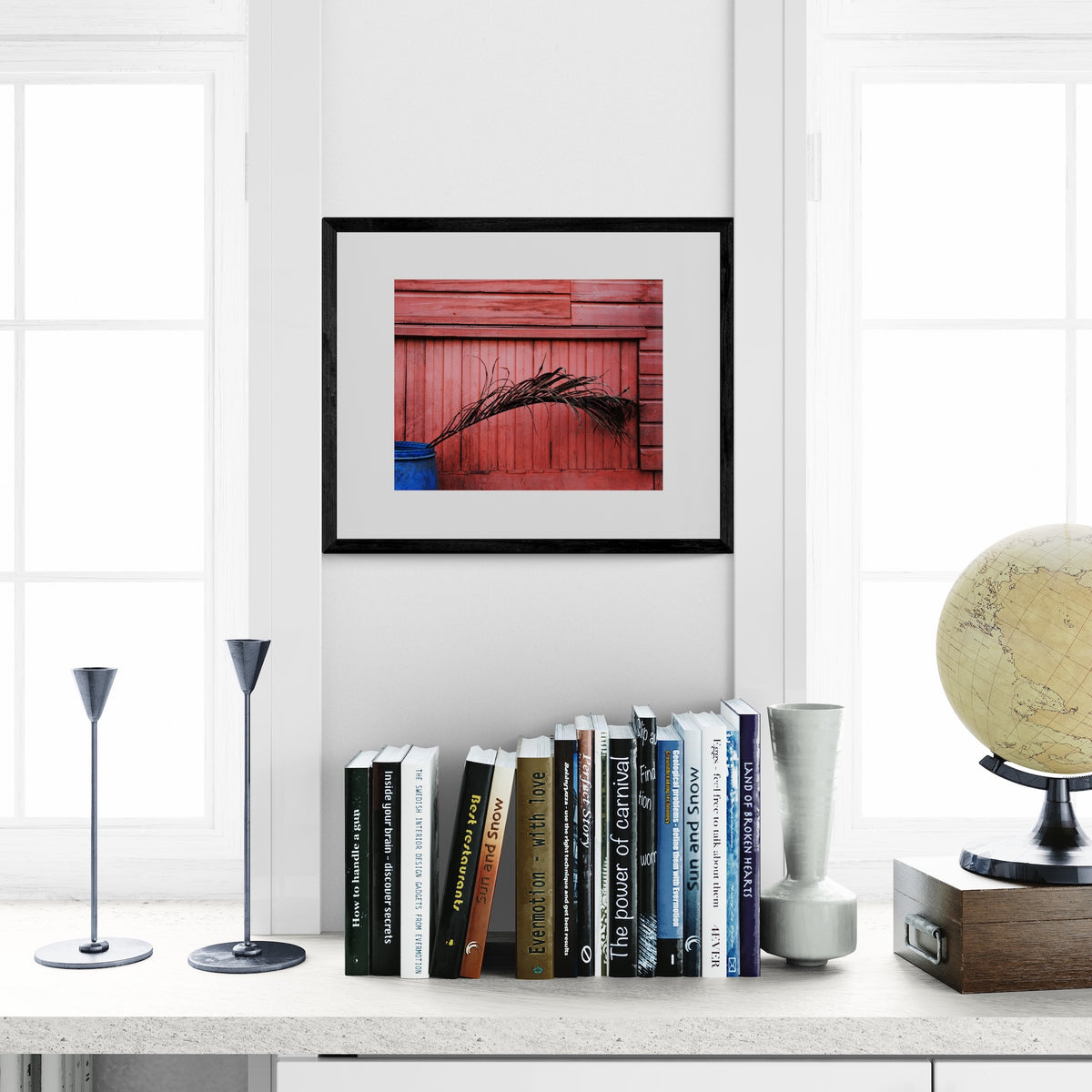 Roatan Photography Print: Minimalist Blue Planter and Palm Leaf Wall Decor Art