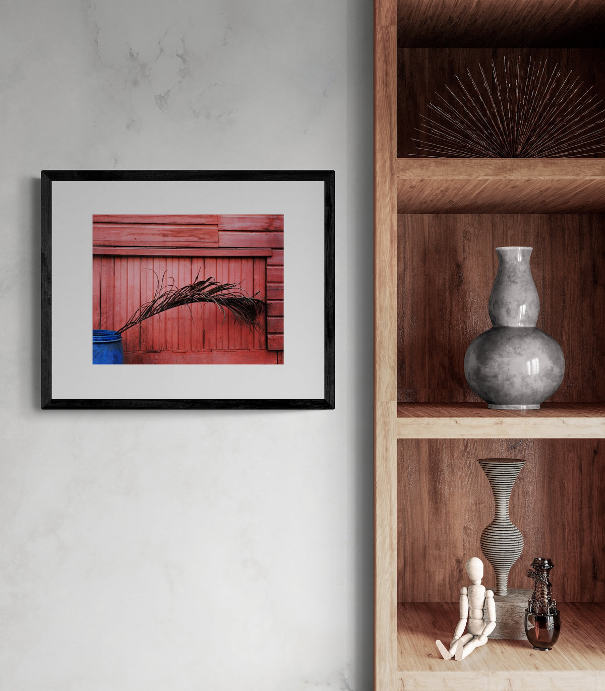 Roatan Photography Print: Minimalist Blue Planter and Palm Leaf Wall Decor Art