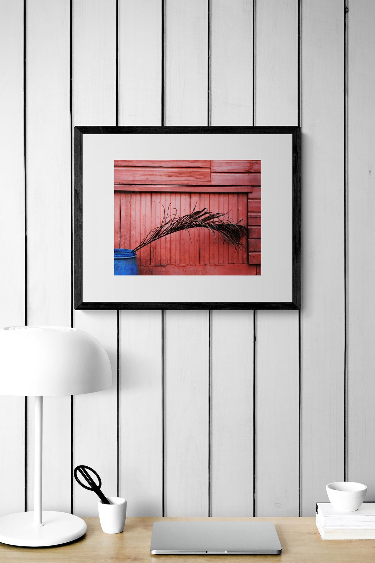 Roatan Photography Print: Minimalist Blue Planter and Palm Leaf Wall Decor Art